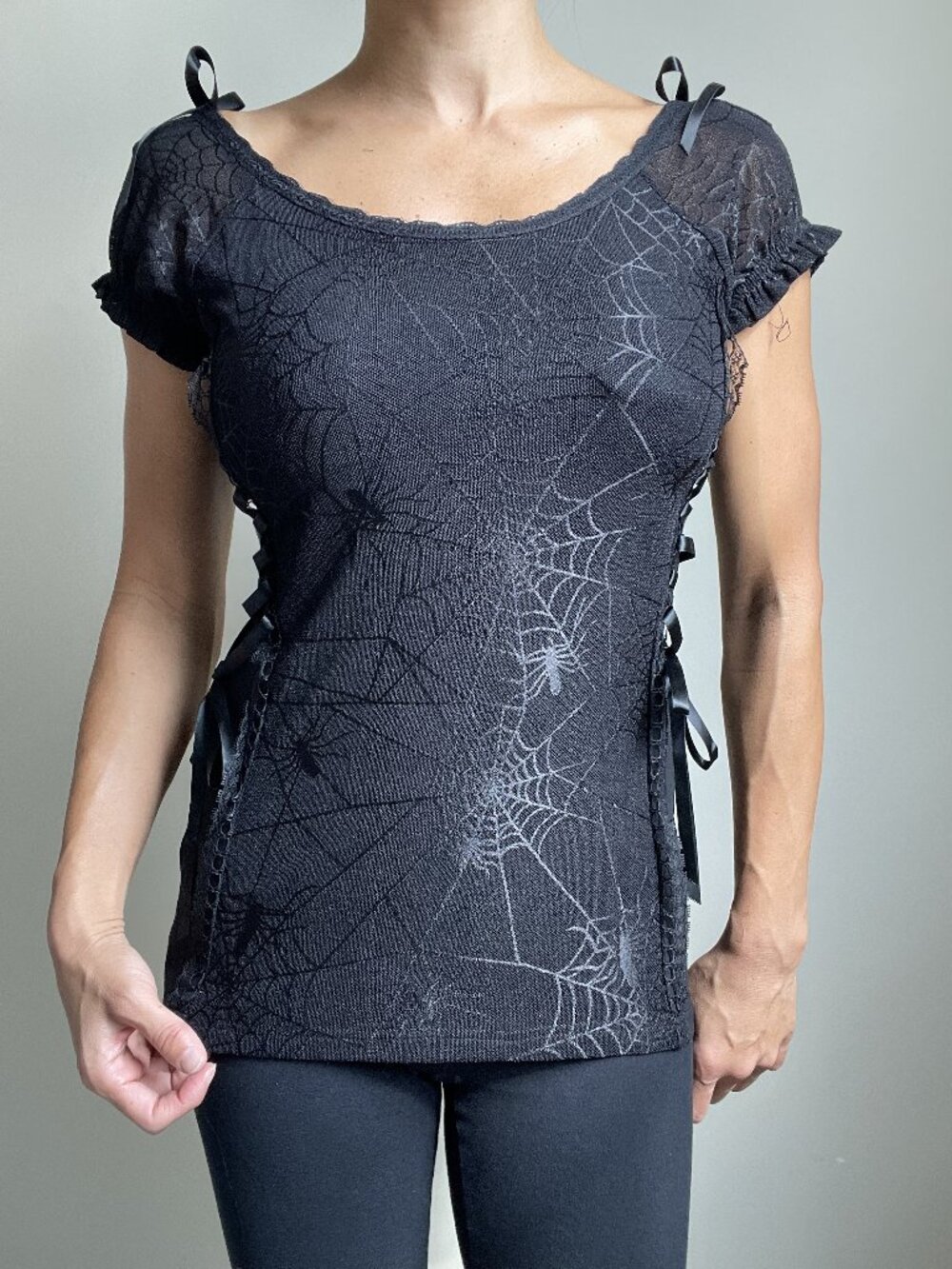 Banned Apparel Gothic Spider & Spiderweb Lace Mesh Jersey Top - L